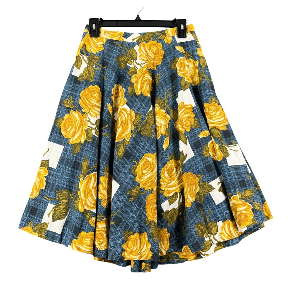 Odille Anthropologie Midi Skirt Womens 2 Yellow Roses Plaid Linen Blend A-Line